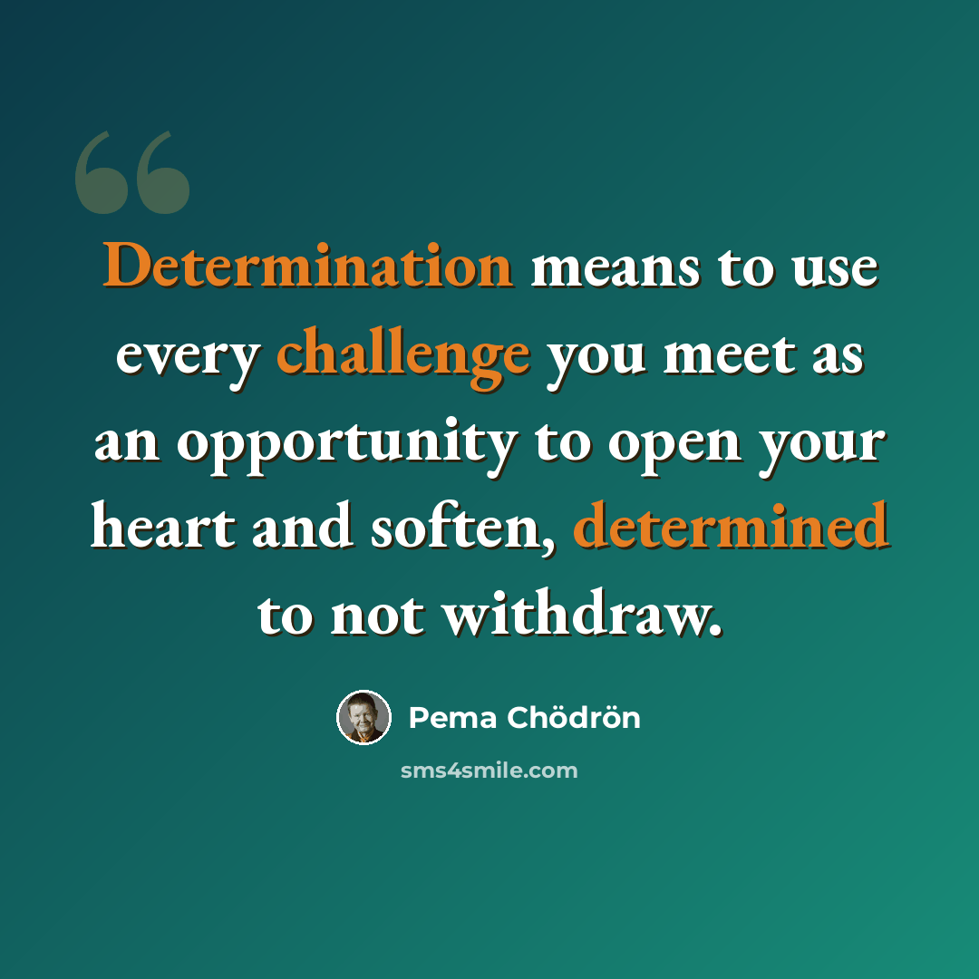 “Determination means to use every challenge you meet as an opportunity to open your heart and soften, determined to not withdraw.” quote by Pema Chodron