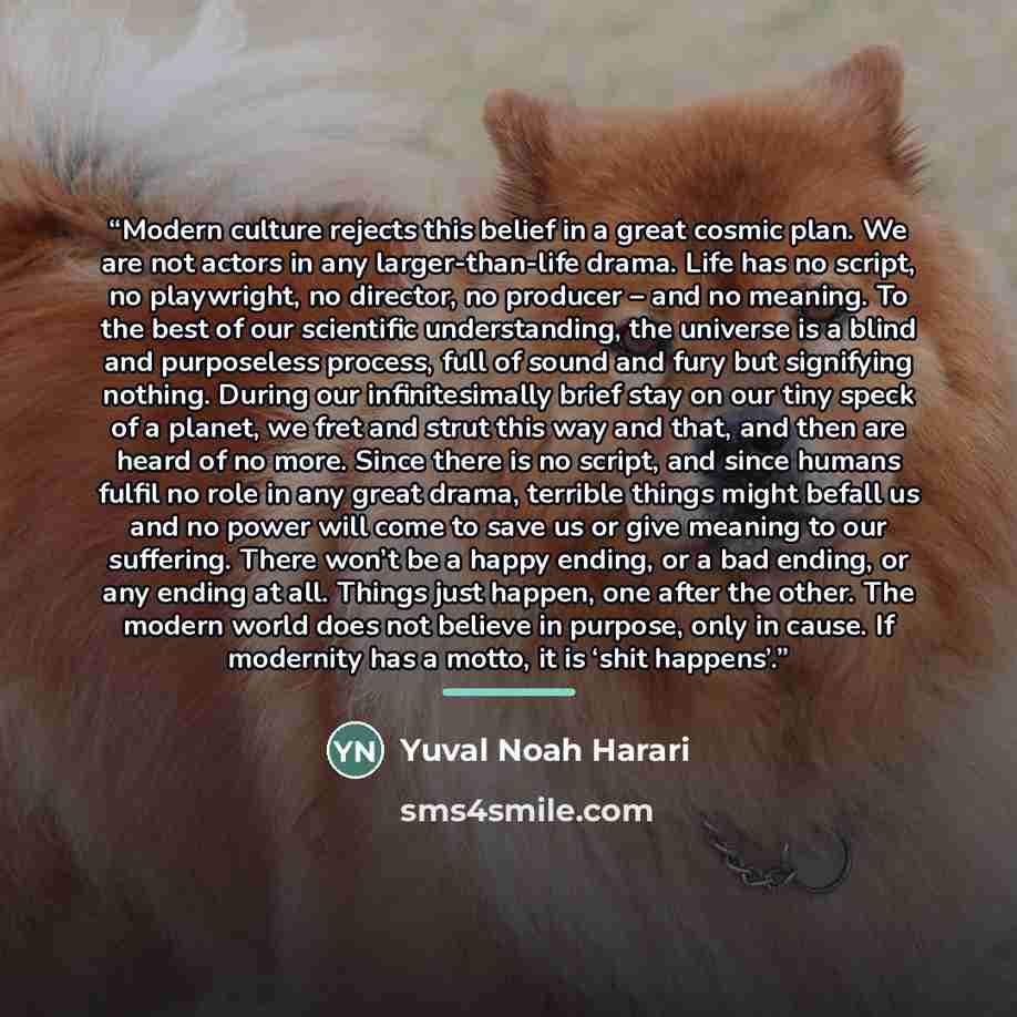 “Modern culture rejects this belief in a great cosmic plan. We are not actors in any larger-than-life drama. Life has no script, no playwright, no director, no producer – and no meaning. To the best of our scientific understanding, the universe is a blind and purposeless process, full of sound and…” quote by Yuval Noah Harari