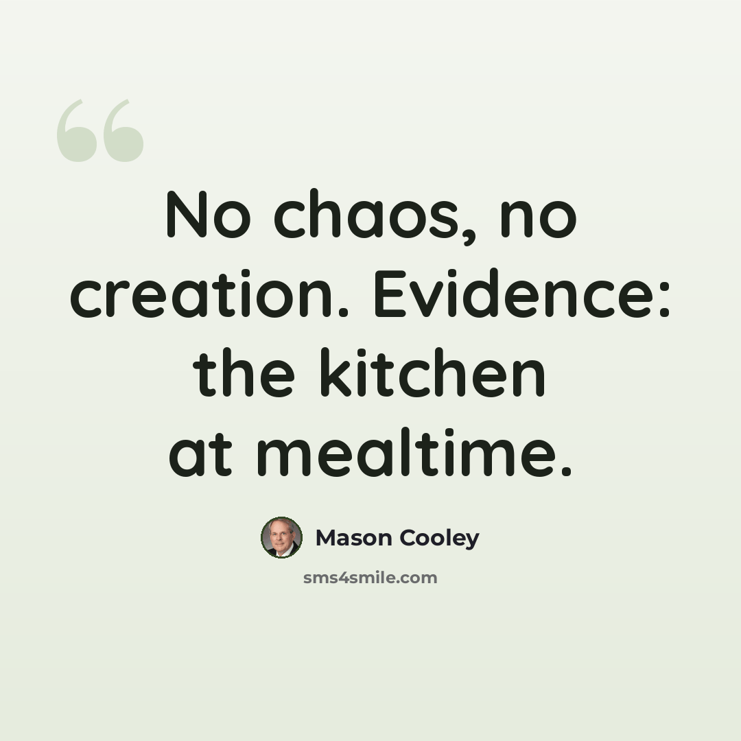 “No chaos, no creation. Evidence: the kitchen at mealtime.” quote by Mason Cooley