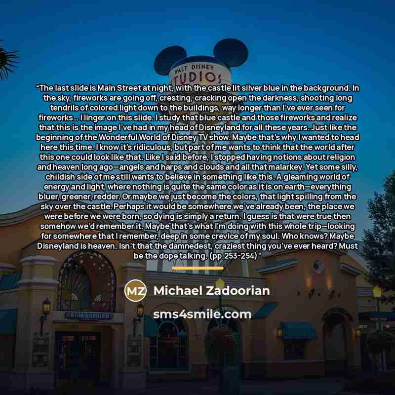 “The last slide is Main Street at night, with the castle lit silver blue in the background. In the sky, fireworks are going off, cresting, cracking open the darkness, shooting long tendrils of colored light down to the buildings, way longer than I’ve ever seen for fireworks… I linger on this slide…” quote by Michael Zadoorian