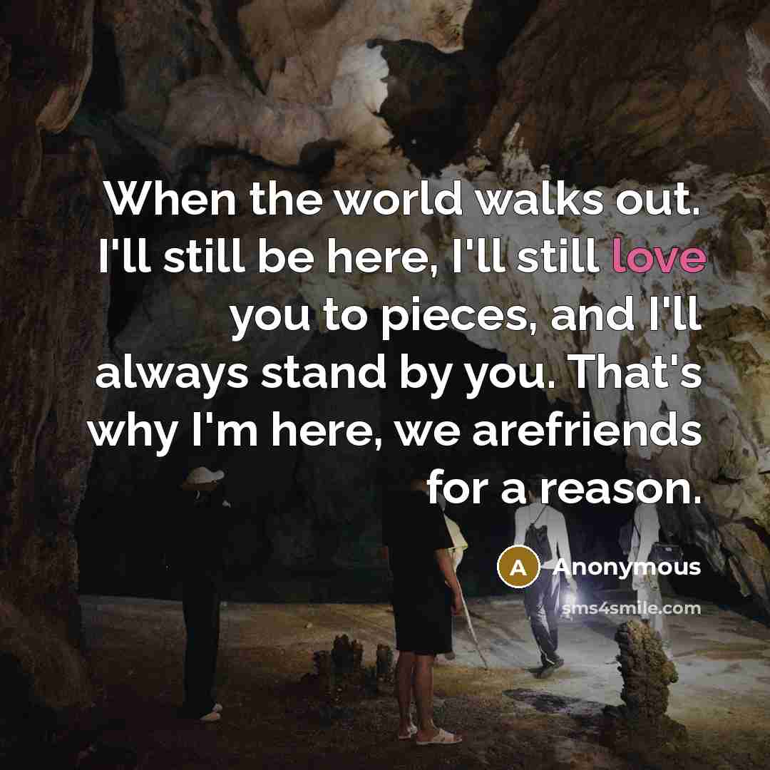 “When the world walks out. I'll still be here, I'll still love you to pieces, and I'll always stand by you. That's why I'm here, we arefriends for a reason.” quote by Anonymous