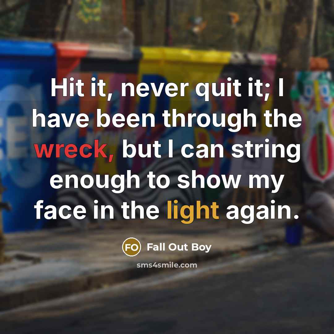 “Hit it, never quit it; I have been through the wreck, but I can string enough to show my face in the light again.” quote by Fall Out Boy