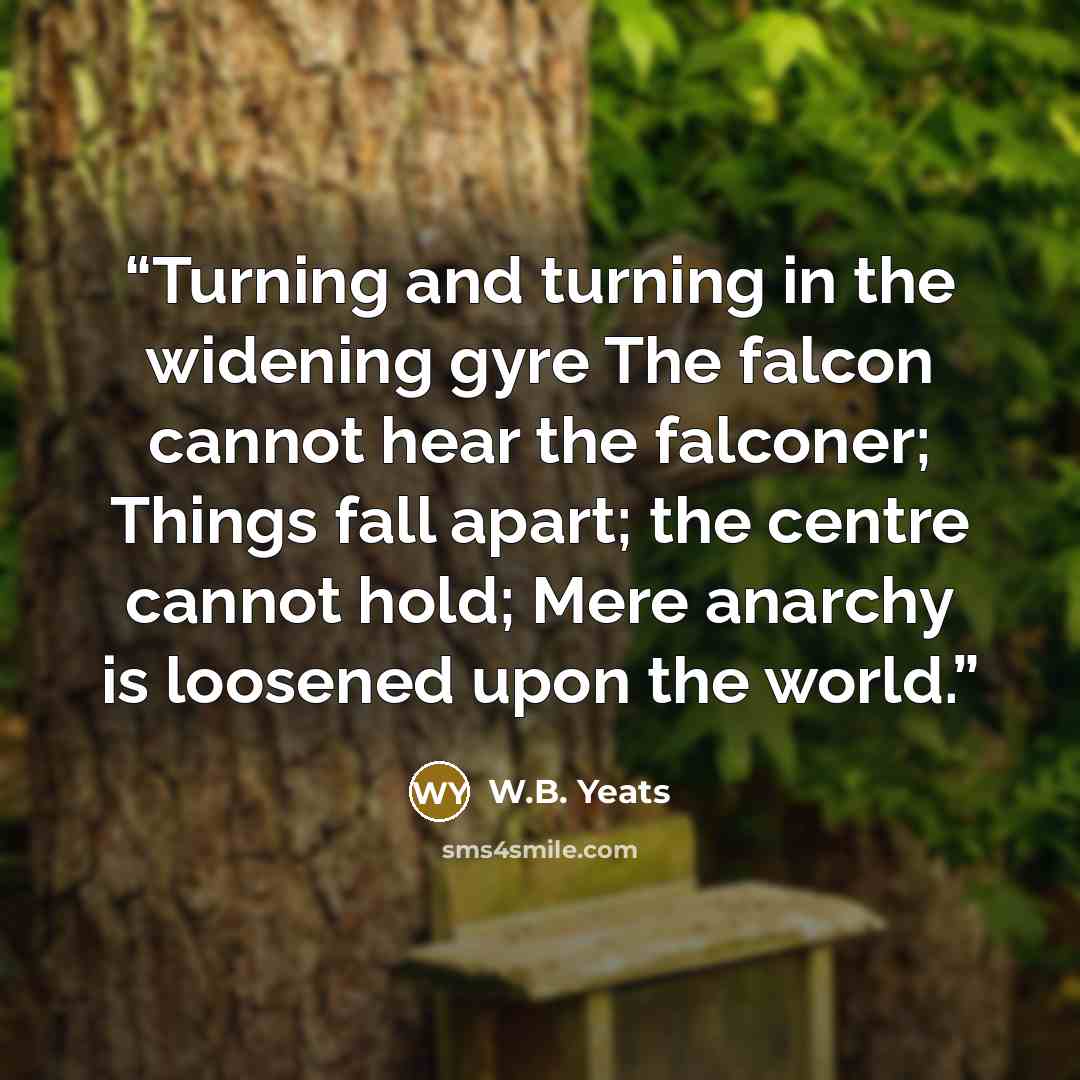 “Turning and turning in the widening gyre The falcon cannot hear the falconer; Things fall apart; the centre cannot hold; Mere anarchy is loosened upon the world.” quote by W.B. Yeats