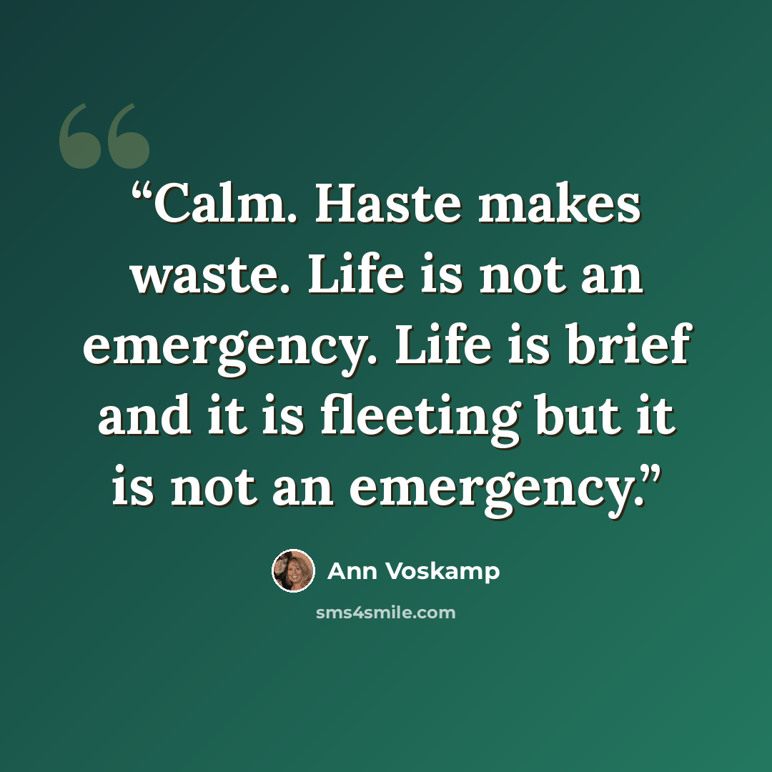 “Calm. Haste makes waste. Life is not an emergency. Life is brief and it is fleeting but it is not an emergency.” quote by Ann Voskamp
