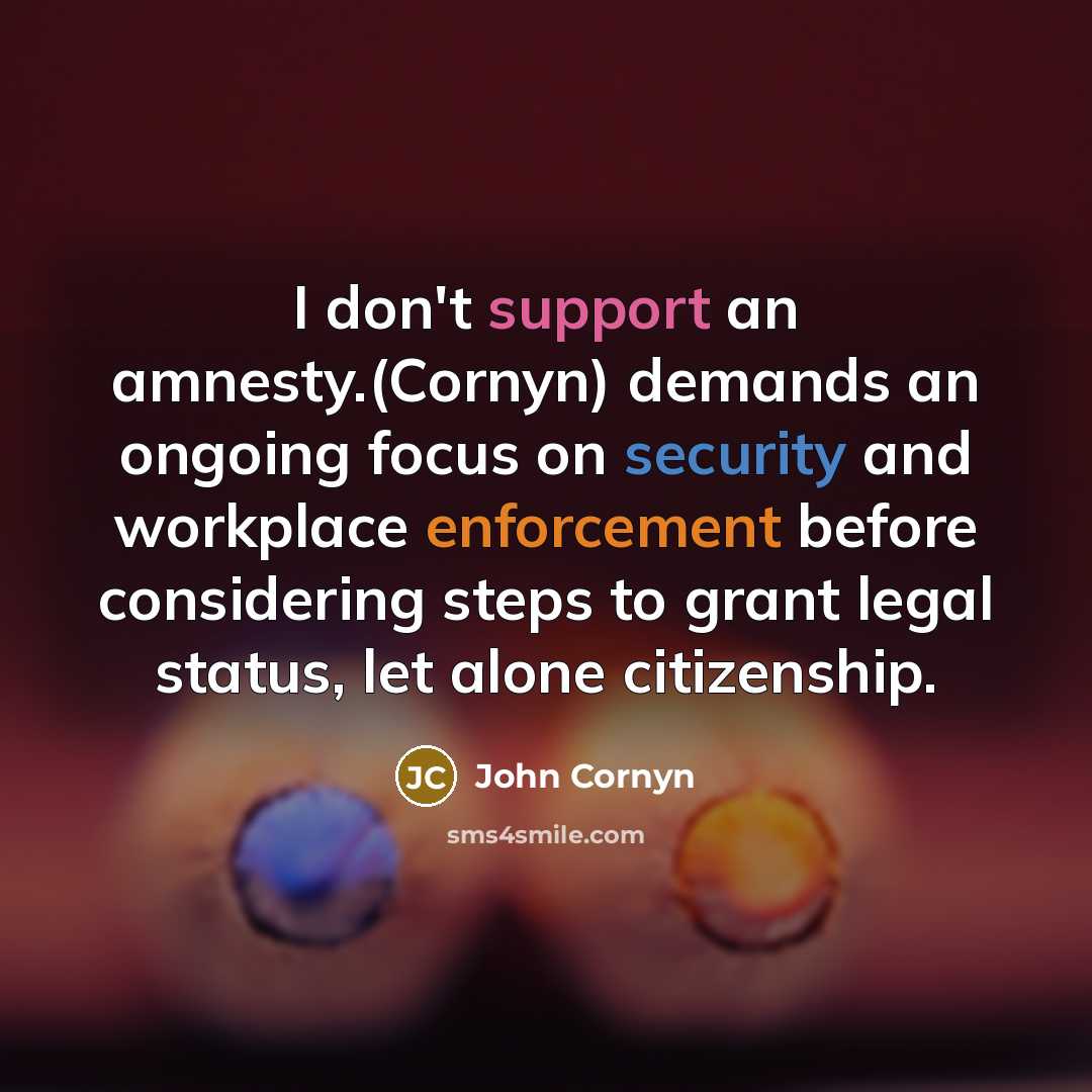 “I don't support an amnesty.(Cornyn) demands an ongoing focus on security and workplace enforcement before considering steps to grant legal status, let alone citizenship.” quote by John Cornyn