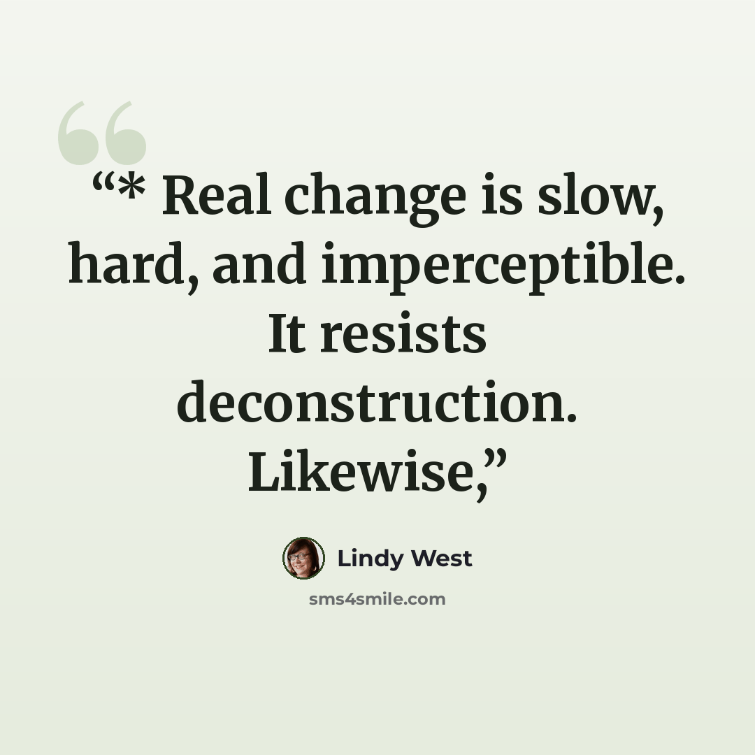 “* Real change is slow, hard, and imperceptible. It resists deconstruction. Likewise,” quote by Lindy West