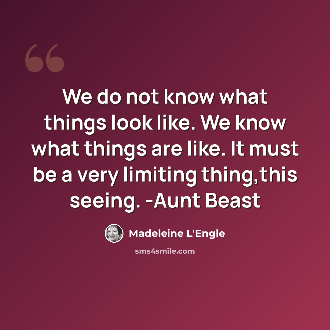 “We do not know what things look like. We know what things are like. It must be a very limiting thing,this seeing. -Aunt Beast” quote by Madeleine L'Engle
