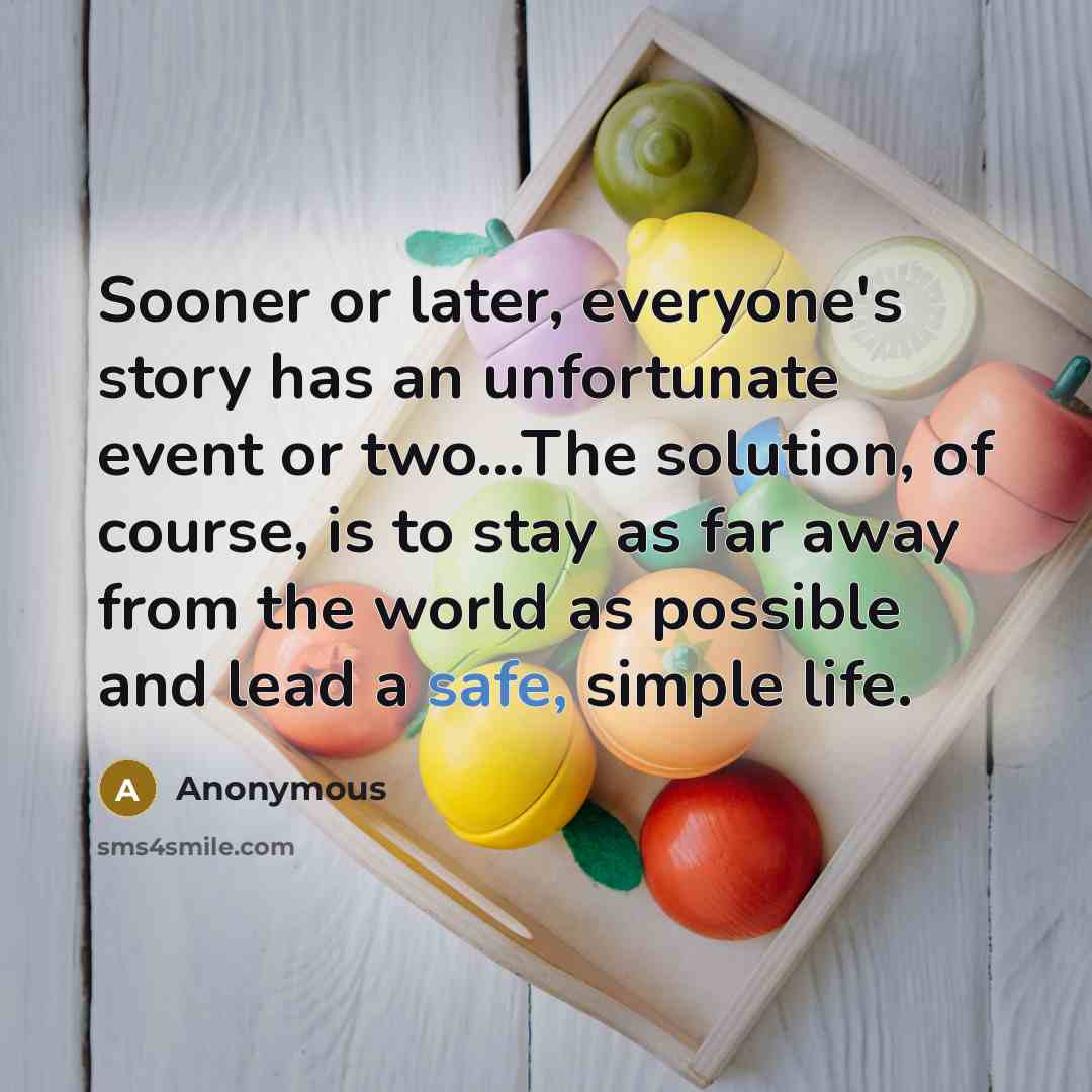 “Sooner or later, everyone's story has an unfortunate event or two...The solution, of course, is to stay as far away from the world as possible and lead a safe, simple life.” quote by Anonymous