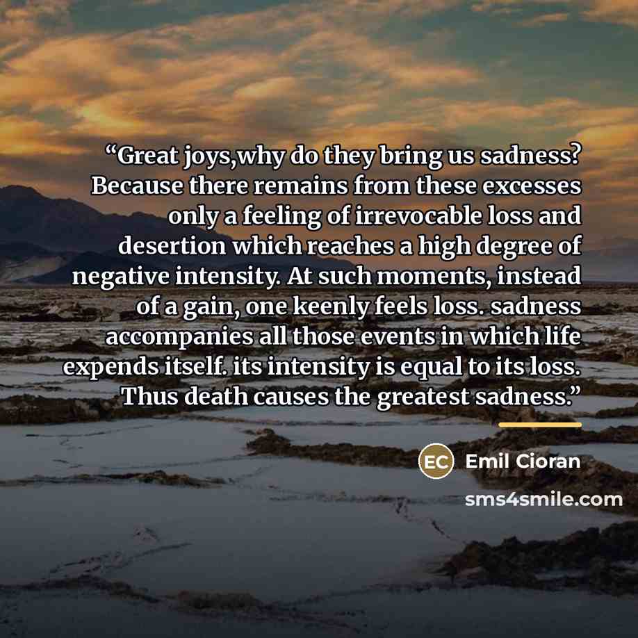 “Great joys,why do they bring us sadness? Because there remains from these excesses only a feeling of irrevocable loss and desertion which reaches a high degree of negative intensity. At such moments, instead of a gain, one keenly feels loss. sadness accompanies all those events in which life…” quote by Emil Cioran
