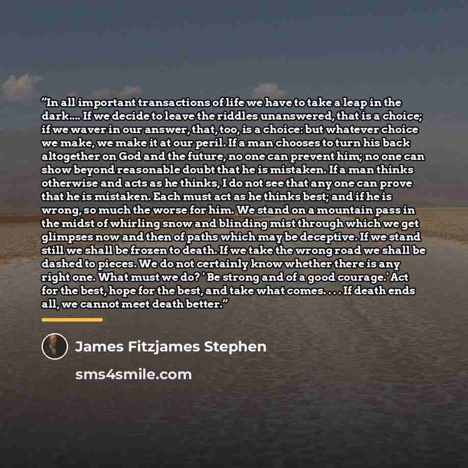“In all important transactions of life we have to take a leap in the dark… If we decide to leave the riddles unanswered, that is a choice; if we waver in our answer, that, too, is a choice: but whatever choice we make, we make it at our peril. If a man chooses to turn his back altogether on God and…” quote by James Fitzjames Stephen