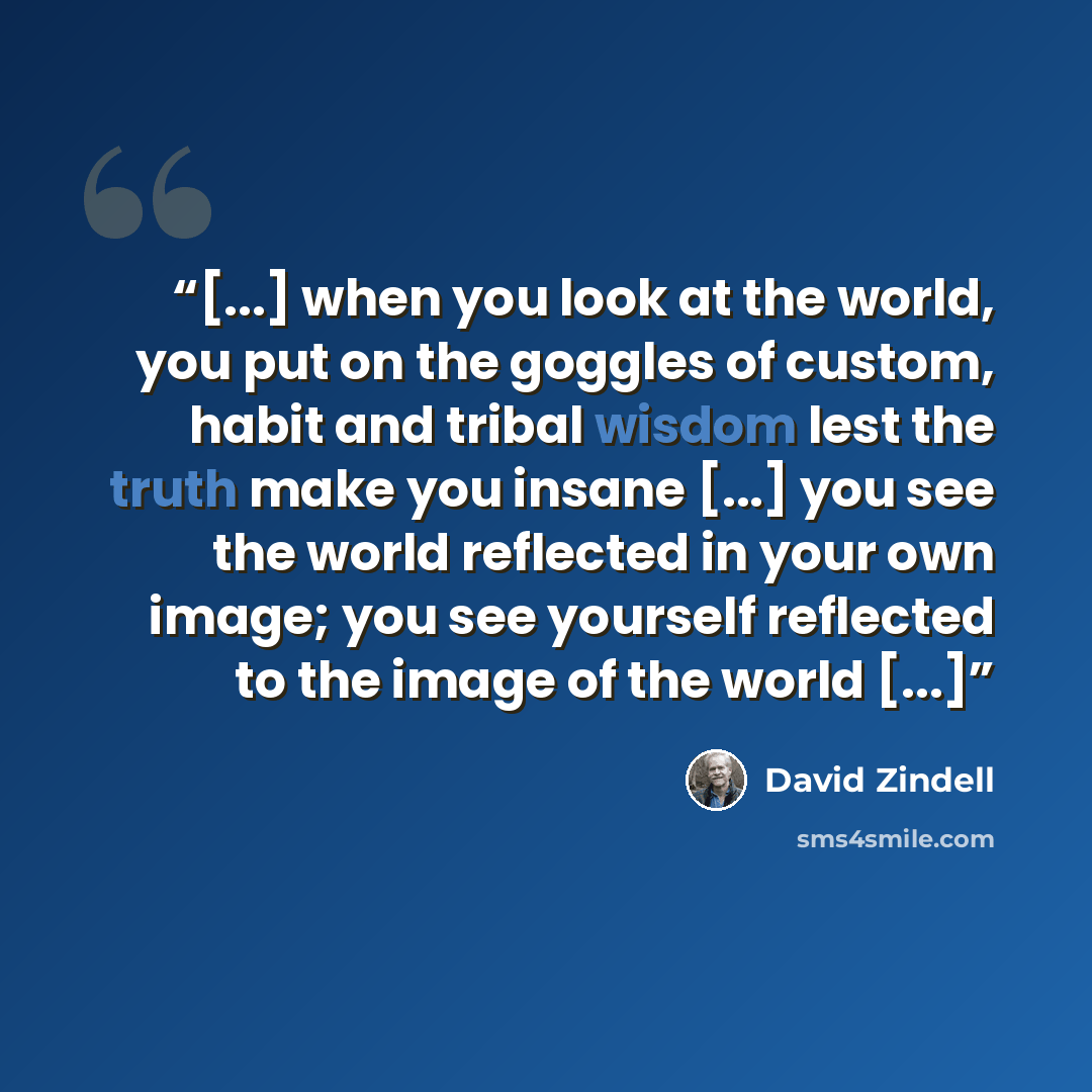 “[...] when you look at the world, you put on the goggles of custom, habit and tribal wisdom lest the truth make you insane [...] you see the world reflected in your own image; you see yourself reflected to the image of the world [...]” quote by David Zindell