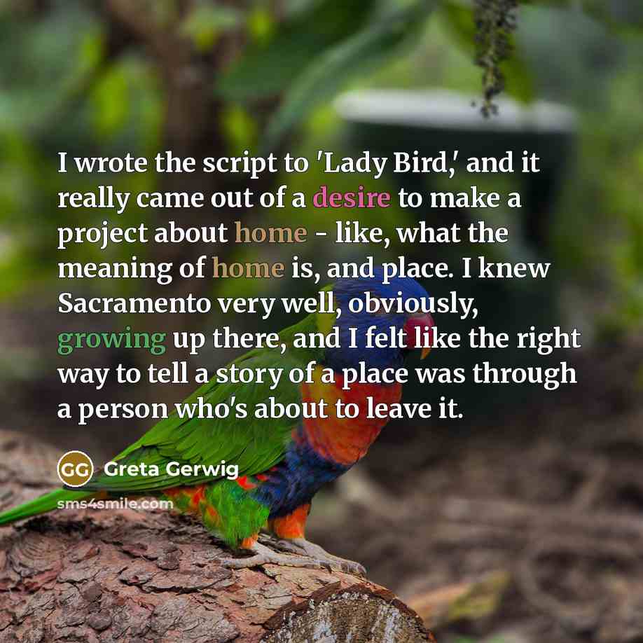 “I wrote the script to 'Lady Bird,' and it really came out of a desire to make a project about home - like, what the meaning of home is, and place. I knew Sacramento very well, obviously, growing up there, and I felt like the right way to tell a story of a place was through a person who's about to…” quote by Greta Gerwig