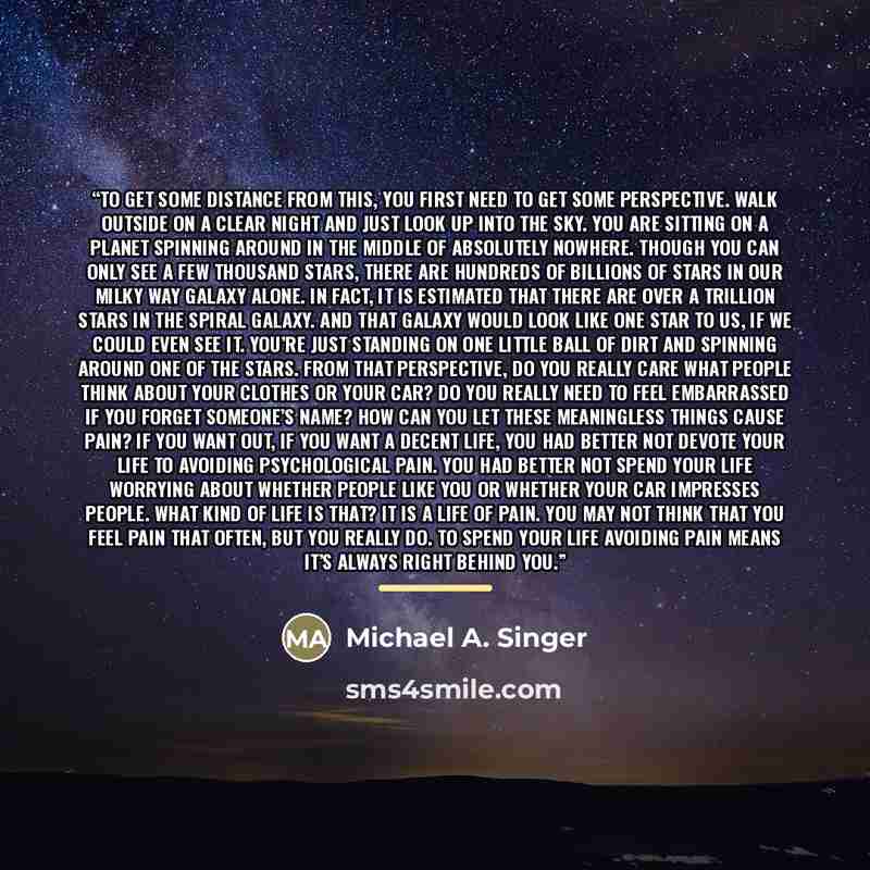 “To get some distance from this, you first need to get some perspective. Walk outside on a clear night and just look up into the sky. You are sitting on a planet spinning around in the middle of absolutely nowhere. Though you can only see a few thousand stars, there are hundreds of billions of…” quote by Michael A. Singer