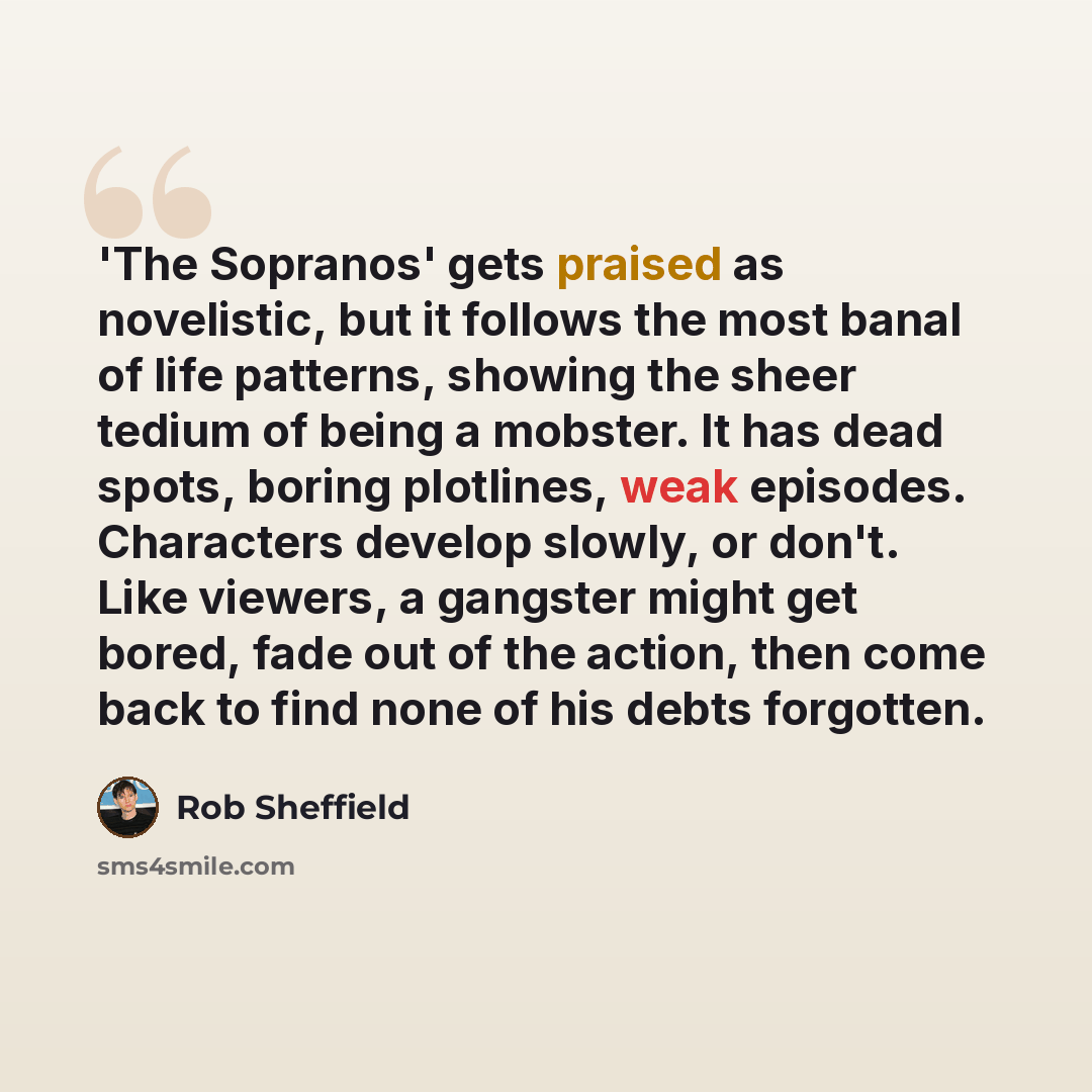 “'The Sopranos' gets praised as novelistic, but it follows the most banal of life patterns, showing the sheer tedium of being a mobster. It has dead spots, boring plotlines, weak episodes. Characters develop slowly, or don't. Like viewers, a gangster might get bored, fade out of the action, then…” quote by Rob Sheffield