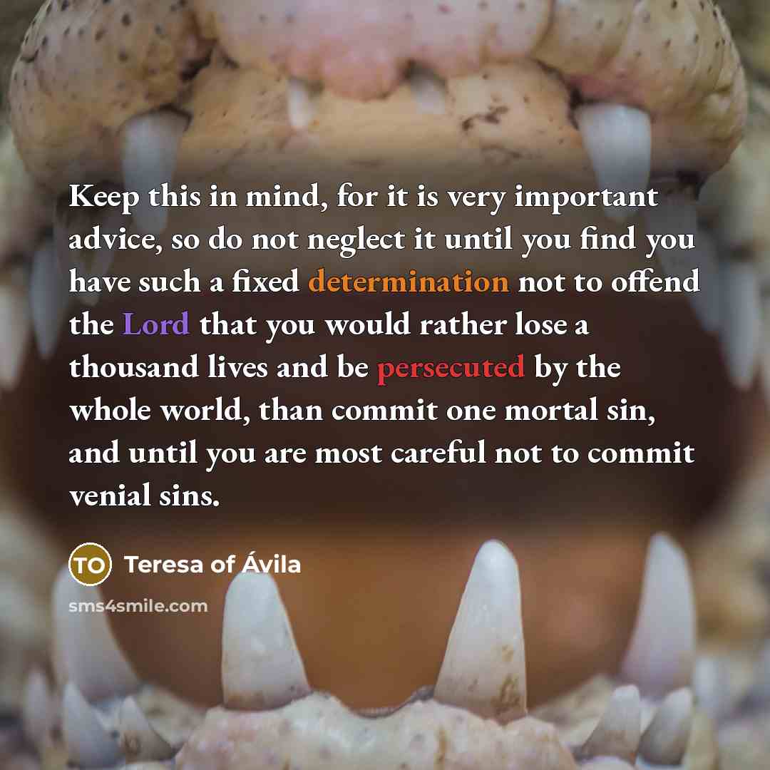 “Keep this in mind, for it is very important advice, so do not neglect it until you find you have such a fixed determination not to offend the Lord that you would rather lose a thousand lives and be persecuted by the whole world, than commit one mortal sin, and until you are most careful not to…” quote by Teresa of Avila