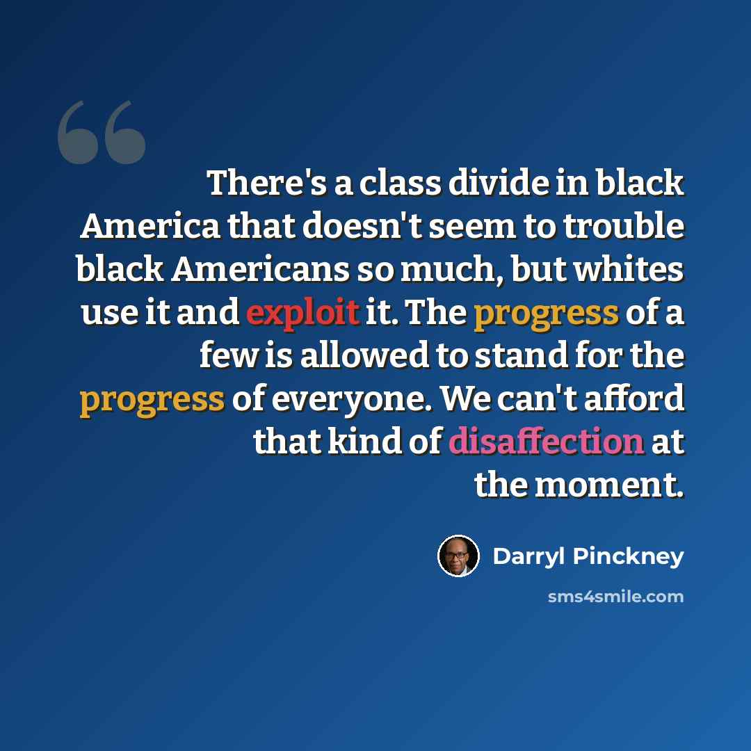 “There's a class divide in black America that doesn't seem to trouble black Americans so much, but whites use it and exploit it. The progress of a few is allowed to stand for the progress of everyone. We can't afford that kind of disaffection at the moment.” quote by Darryl Pinckney