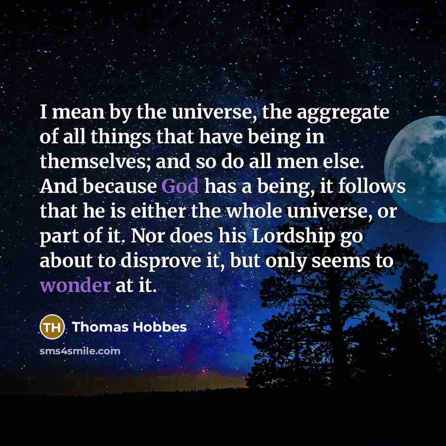 “I mean by the universe, the aggregate of all things that have being in themselves; and so do all men else. And because God has a being, it follows that he is either the whole universe, or part of it. Nor does his Lordship go about to disprove it, but only seems to wonder at it.” quote by Thomas Hobbes