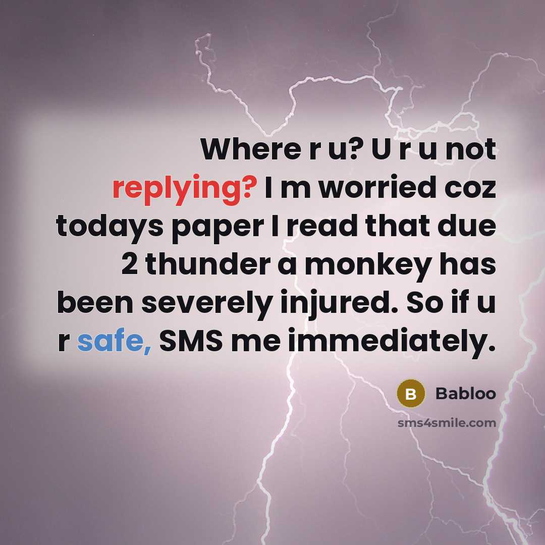 “Where r u? U r u not replying? I m worried coz todays paper I read that due 2 thunder a monkey has been severely injured. So if u r safe, SMS me immediately.” quote by Babloo