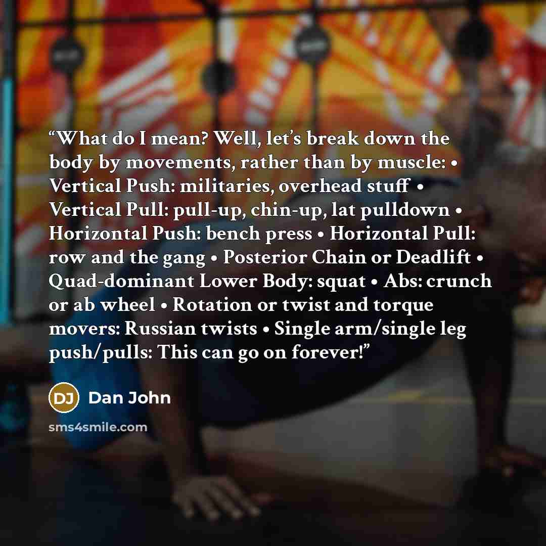“What do I mean? Well, let’s break down the body by movements, rather than by muscle: • Vertical Push: militaries, overhead stuff • Vertical Pull: pull-up, chin-up, lat pulldown • Horizontal Push: bench press • Horizontal Pull: row and the gang • Posterior Chain or Deadlift • Quad-dominant Lower…” quote by Dan John