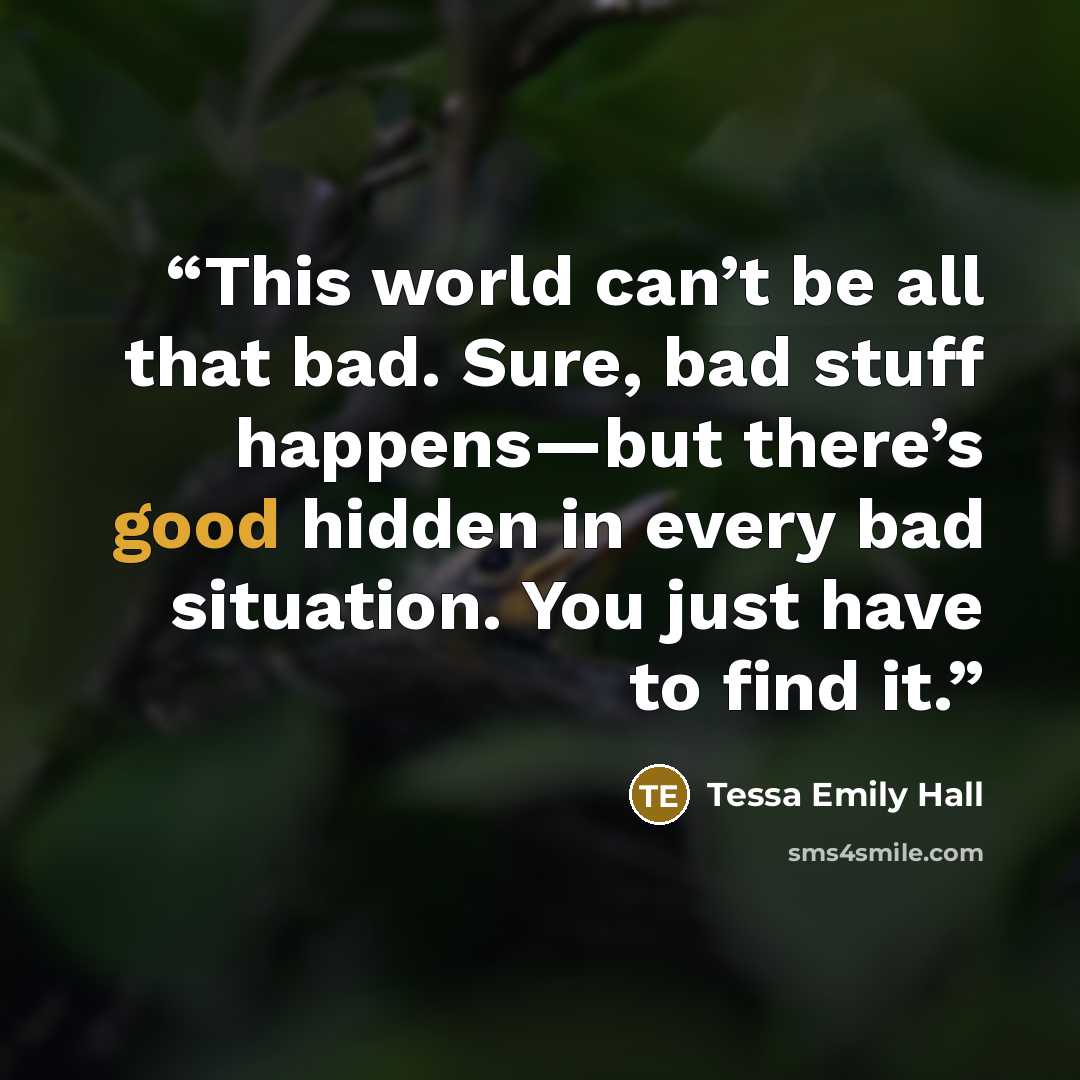 “This world can’t be all that bad. Sure, bad stuff happens—but there’s good hidden in every bad situation. You just have to find it.” quote by Tessa Emily Hall