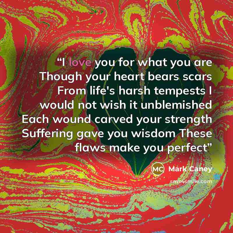 “I love you for what you are Though your heart bears scars From life's harsh tempests I would not wish it unblemished Each wound carved your strength Suffering gave you wisdom These flaws make you perfect” quote by Mark Caney