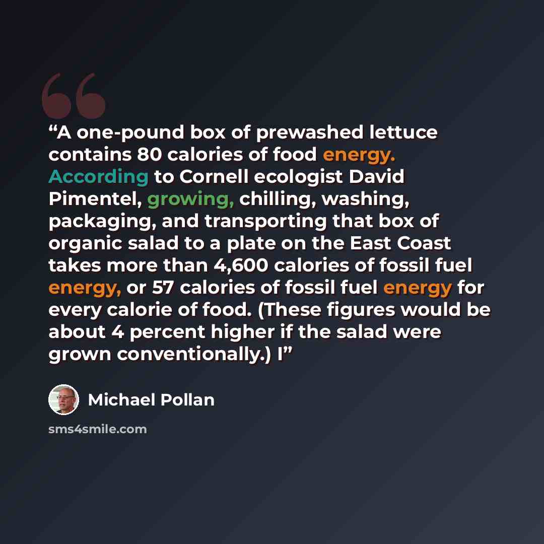 “A one-pound box of prewashed lettuce contains 80 calories of food energy. According to Cornell ecologist David Pimentel, growing, chilling, washing, packaging, and transporting that box of organic salad to a plate on the East Coast takes more than 4,600 calories of fossil fuel energy, or 57…” quote by Michael Pollan