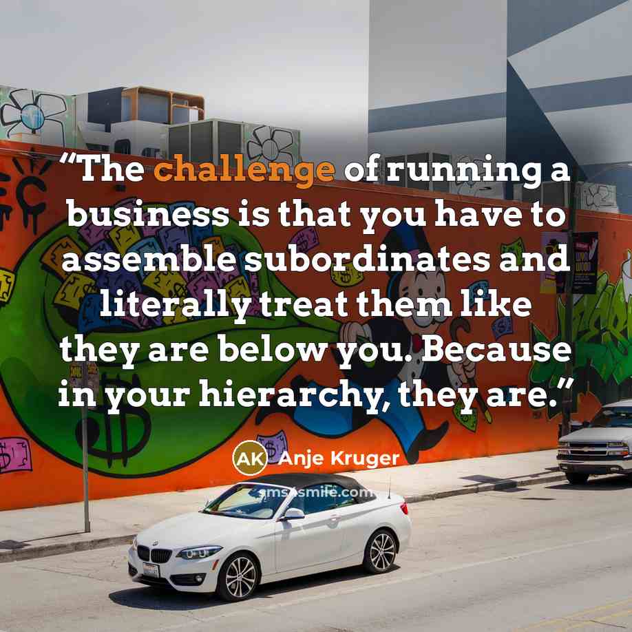 “The challenge of running a business is that you have to assemble subordinates and literally treat them like they are below you. Because in your hierarchy, they are.” quote by Anje Kruger