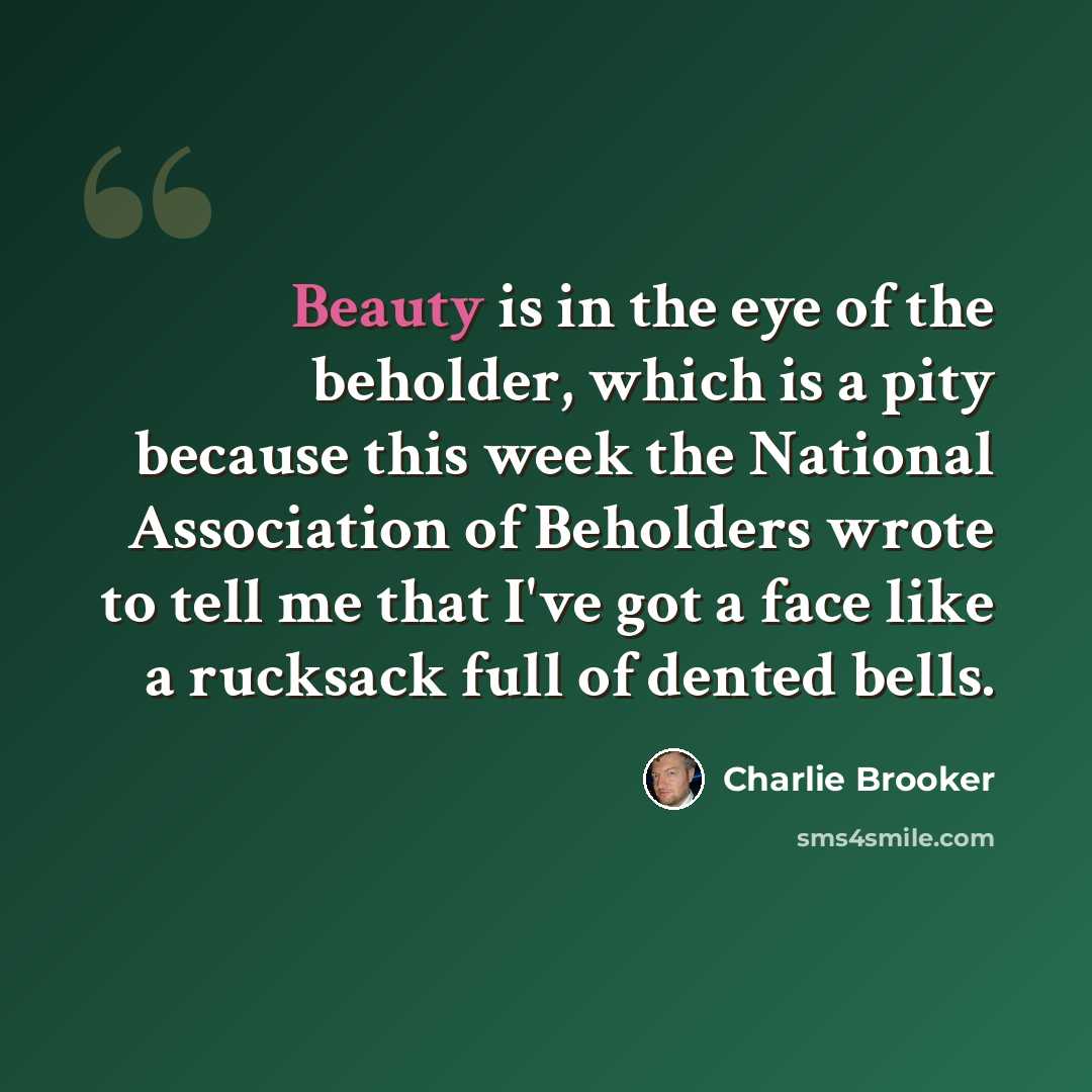 “Beauty is in the eye of the beholder, which is a pity because this week the National Association of Beholders wrote to tell me that I've got a face like a rucksack full of dented bells.” quote by Charlie Brooker