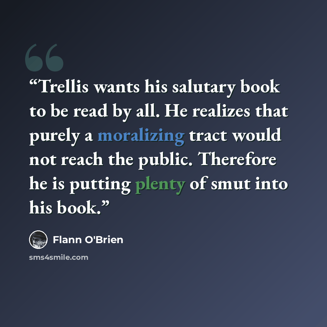 “Trellis wants his salutary book to be read by all. He realizes that purely a moralizing tract would not reach the public. Therefore he is putting plenty of smut into his book.” quote by Flann O'Brien