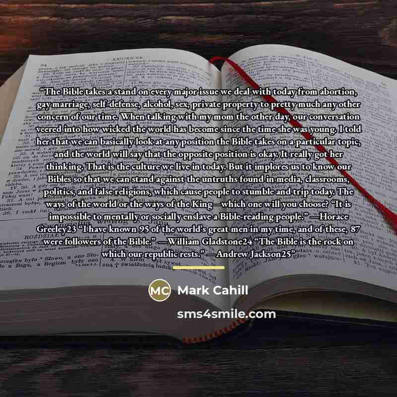 “The Bible takes a stand on every major issue we deal with today from abortion, gay marriage, self-defense, alcohol, sex, private property to pretty much any other concern of our time. When talking with my mom the other day, our conversation veered into how wicked the world has become since the…” quote by Mark Cahill