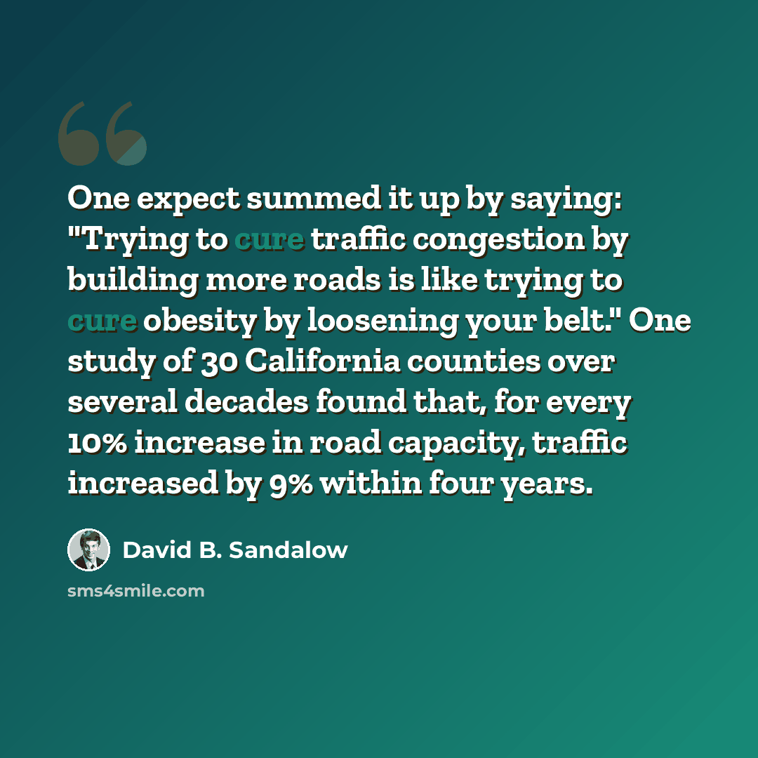 “One expect summed it up by saying: "Trying to cure traffic congestion by building more roads is like trying to cure obesity by loosening your belt." One study of 30 California counties over several decades found that, for every 10% increase in road capacity, traffic increased by 9% within four…” quote by David B. Sandalow