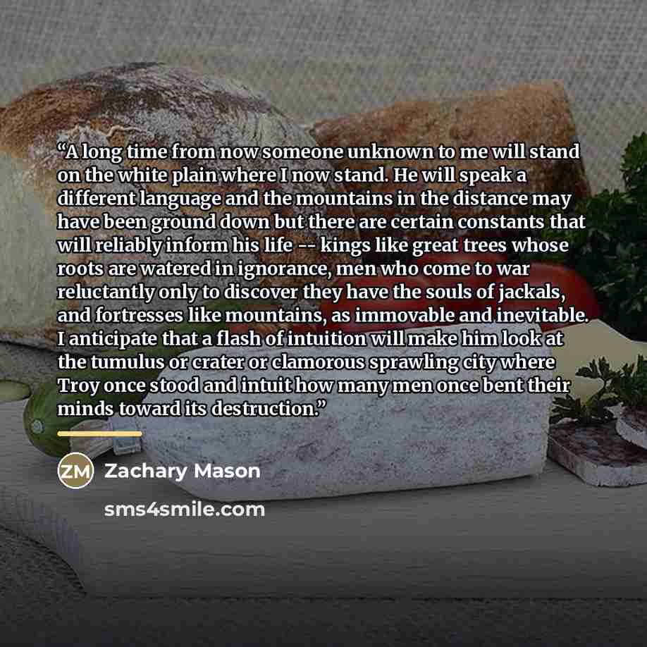 “A long time from now someone unknown to me will stand on the white plain where I now stand. He will speak a different language and the mountains in the distance may have been ground down but there are certain constants that will reliably inform his life -- kings like great trees whose roots are…” quote by Zachary Mason