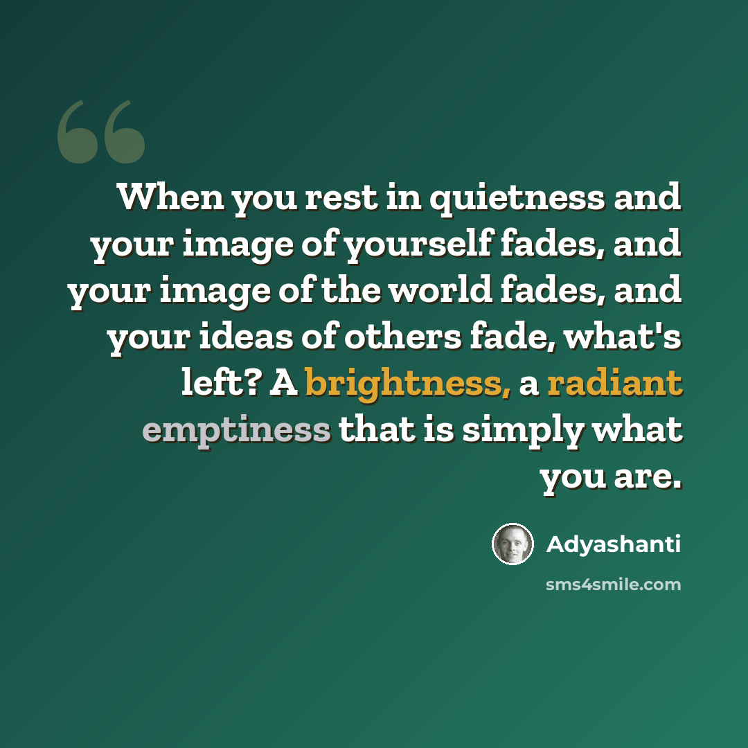 “When you rest in quietness and your image of yourself fades, and your image of the world fades, and your ideas of others fade, what's left? A brightness, a radiant emptiness that is simply what you are.” quote by Adyashanti