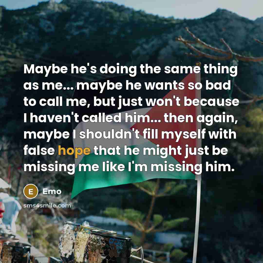 “Maybe he's doing the same thing as me... maybe he wants so bad to call me, but just won't because I haven't called him... then again, maybe I shouldn't fill myself with false hope that he might just be missing me like I'm missing him.” quote by Emo