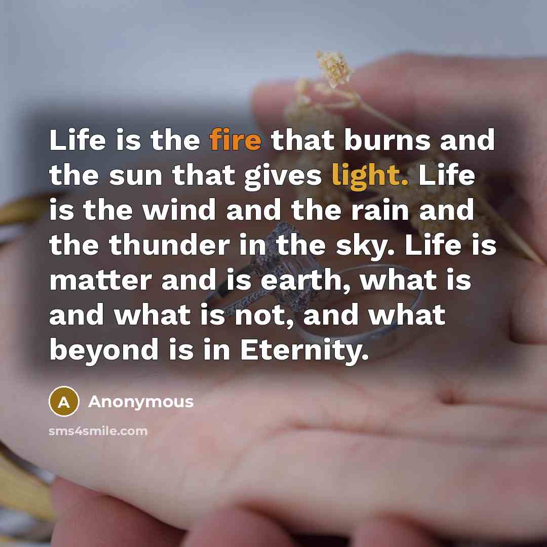 “Life is the fire that burns and the sun that gives light. Life is the wind and the rain and the thunder in the sky. Life is matter and is earth, what is and what is not, and what beyond is in Eternity.” quote by Anonymous