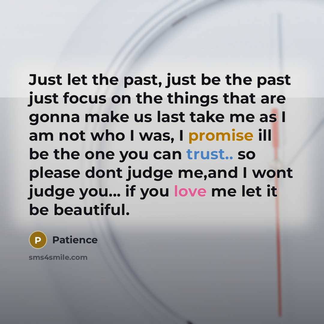 “Just let the past, just be the past just focus on the things that are gonna make us last take me as I am not who I was, I promise ill be the one you can trust.. so please dont judge me,and I wont judge you... if you love me let it be beautiful.” quote by Patience