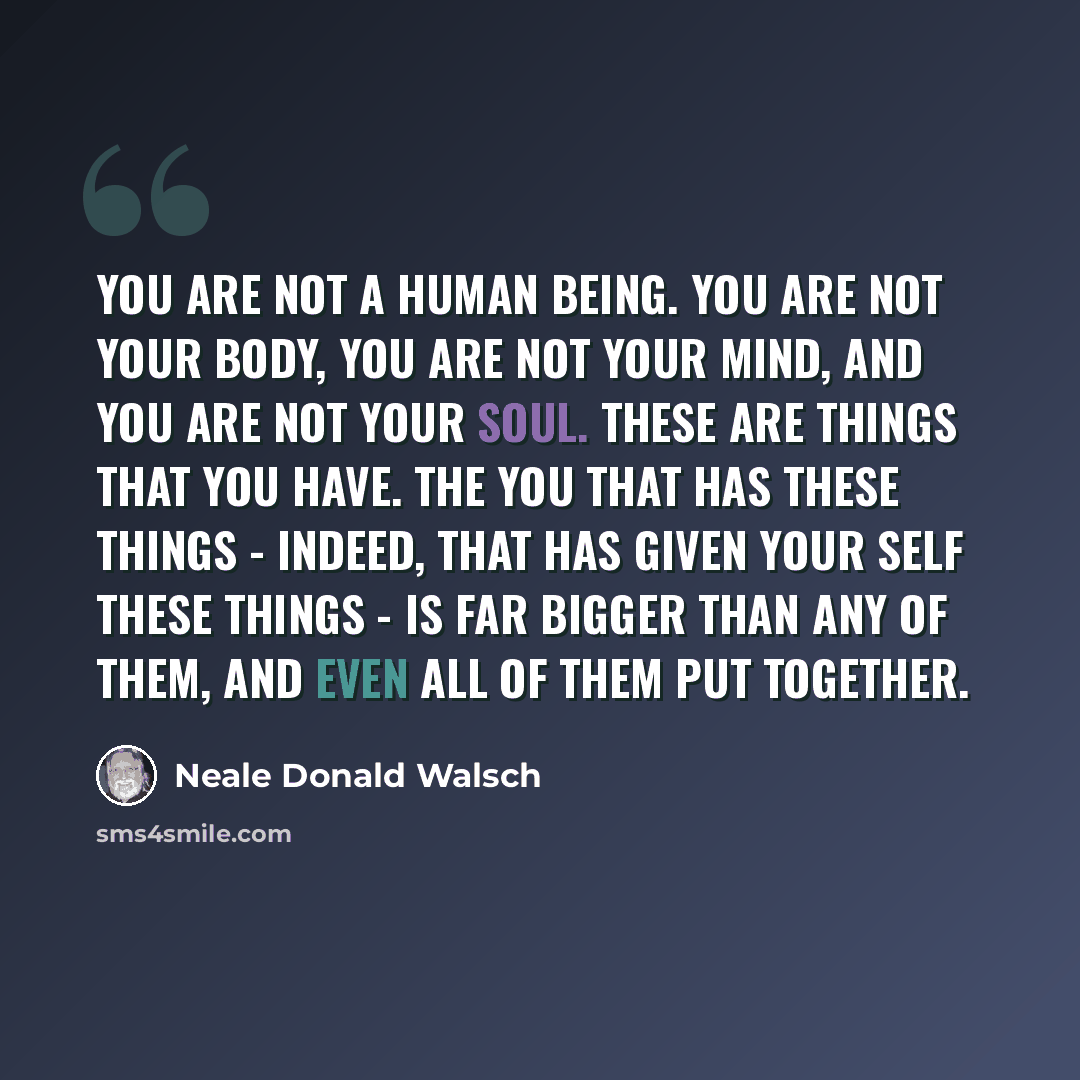 “You are not a human being. You are not your body, you are not your mind, and you are not your soul. These are things that You have. The You that has these things - indeed, that has given your Self these things - is far bigger than any of them, and even all of them put together.” quote by Neale Donald Walsch
