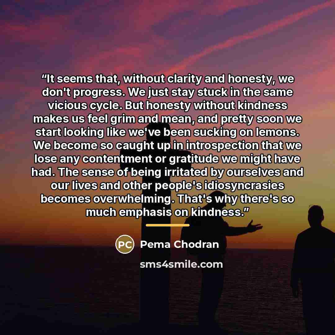 “It seems that, without clarity and honesty, we don't progress. We just stay stuck in the same vicious cycle. But honesty without kindness makes us feel grim and mean, and pretty soon we start looking like we've been sucking on lemons. We become so caught up in introspection that we lose any…” quote by Pema Chodran
