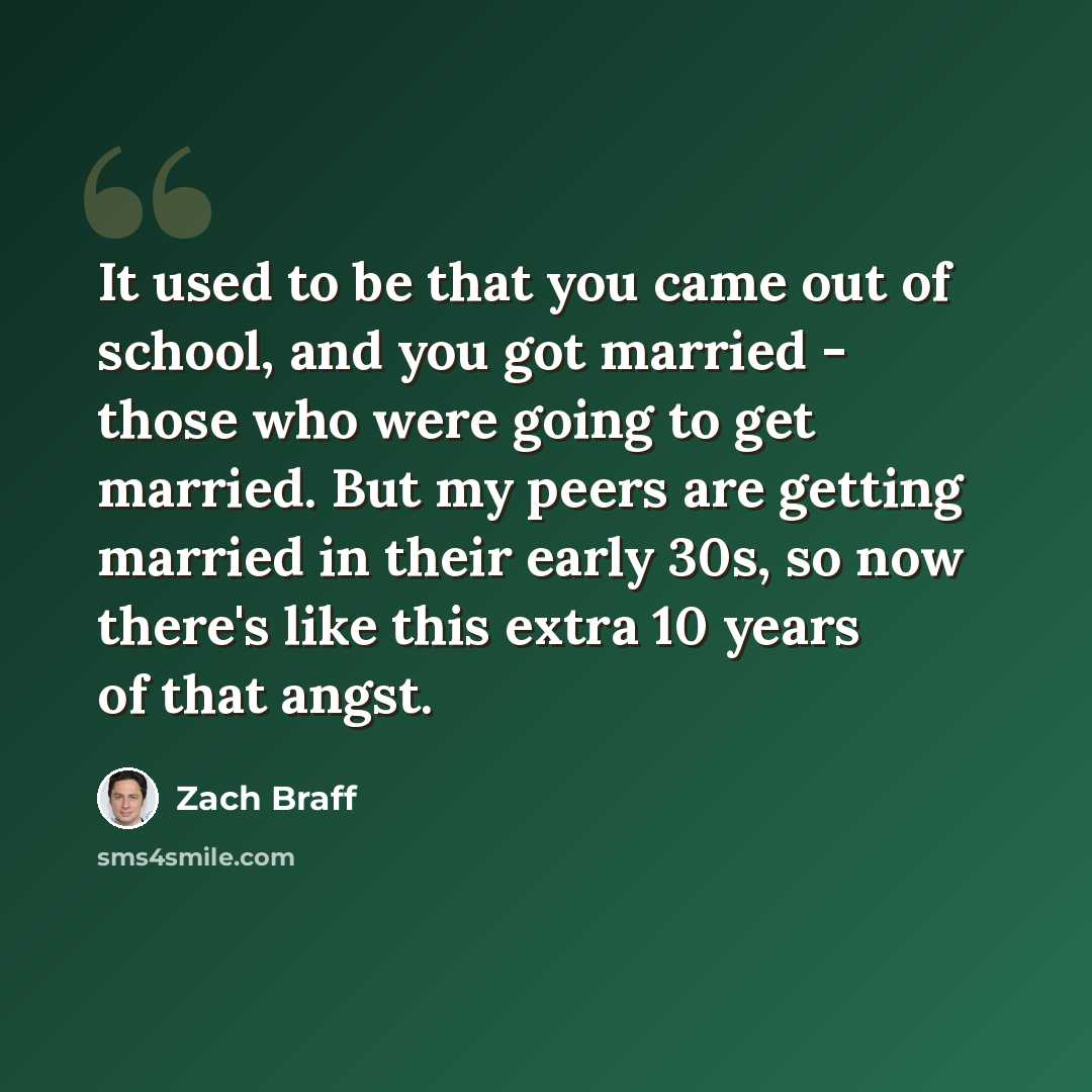 “It used to be that you came out of school, and you got married - those who were going to get married. But my peers are getting married in their early 30s, so now there's like this extra 10 years of that angst.” quote by Zach Braff