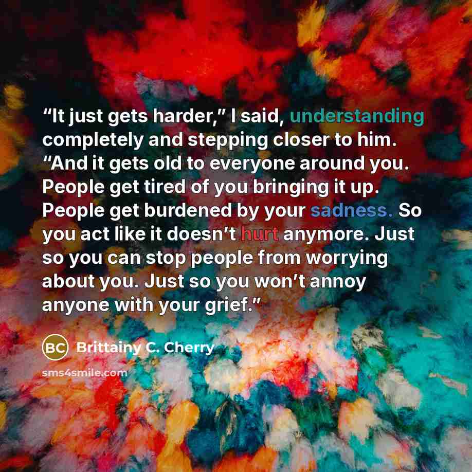 “It just gets harder,” I said, understanding completely and stepping closer to him. “And it gets old to everyone around you. People get tired of you bringing it up. People get burdened by your sadness. So you act like it doesn’t hurt anymore. Just so you can stop people from worrying about you…” quote by Brittainy C. Cherry