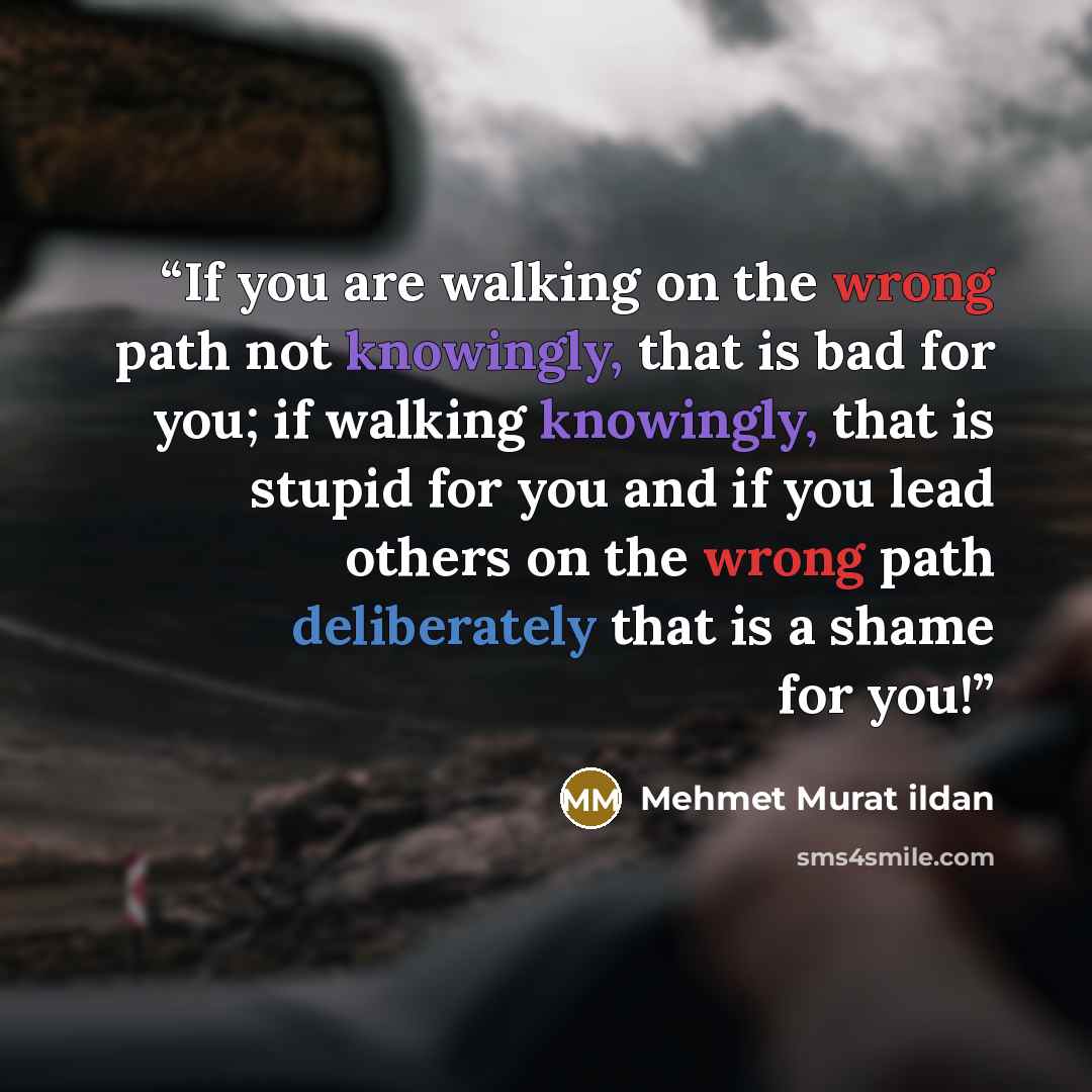 “If you are walking on the wrong path not knowingly, that is bad for you; if walking knowingly, that is stupid for you and if you lead others on the wrong path deliberately that is a shame for you!” quote by Mehmet Murat ildan