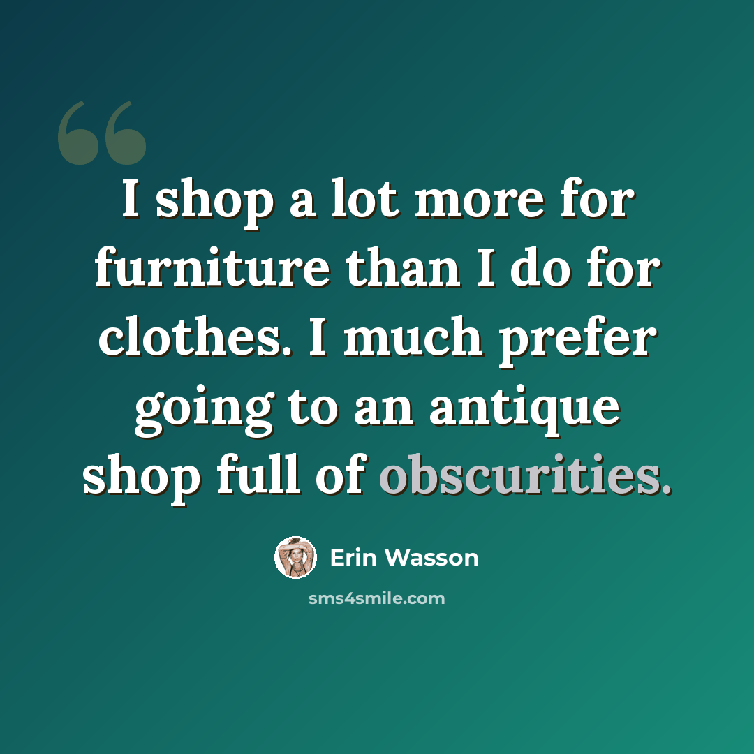 “I shop a lot more for furniture than I do for clothes. I much prefer going to an antique shop full of obscurities.” quote by Erin Wasson