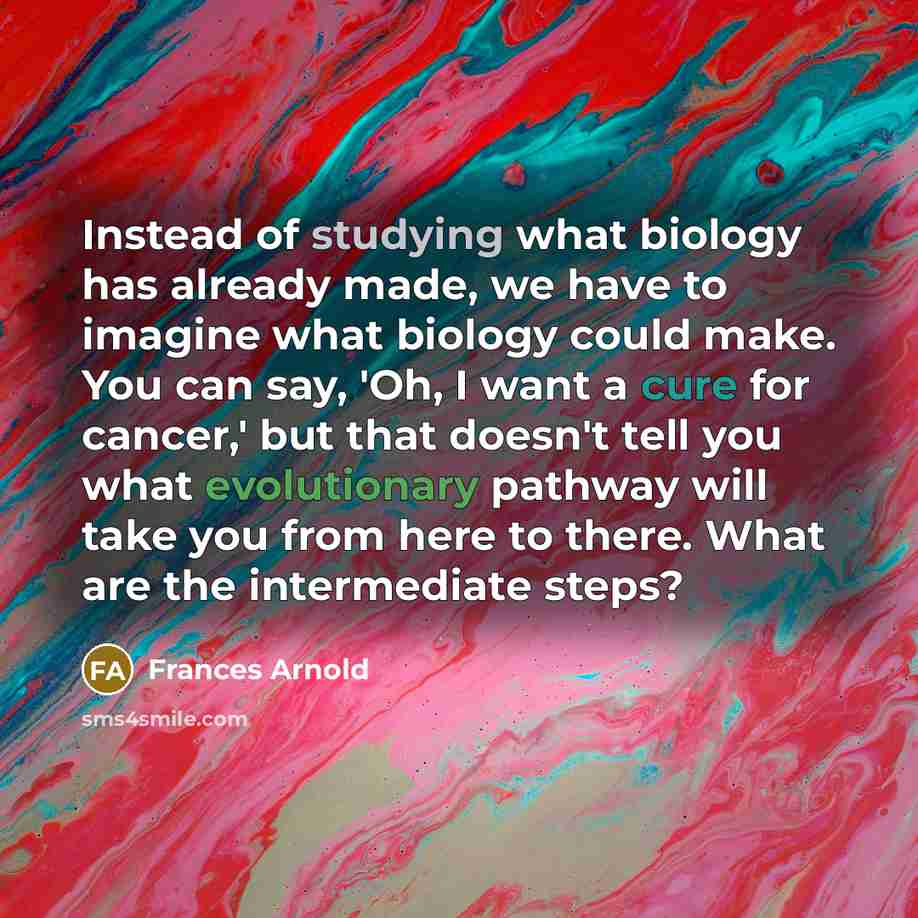 “Instead of studying what biology has already made, we have to imagine what biology could make. You can say, 'Oh, I want a cure for cancer,' but that doesn't tell you what evolutionary pathway will take you from here to there. What are the intermediate steps?” quote by Frances Arnold