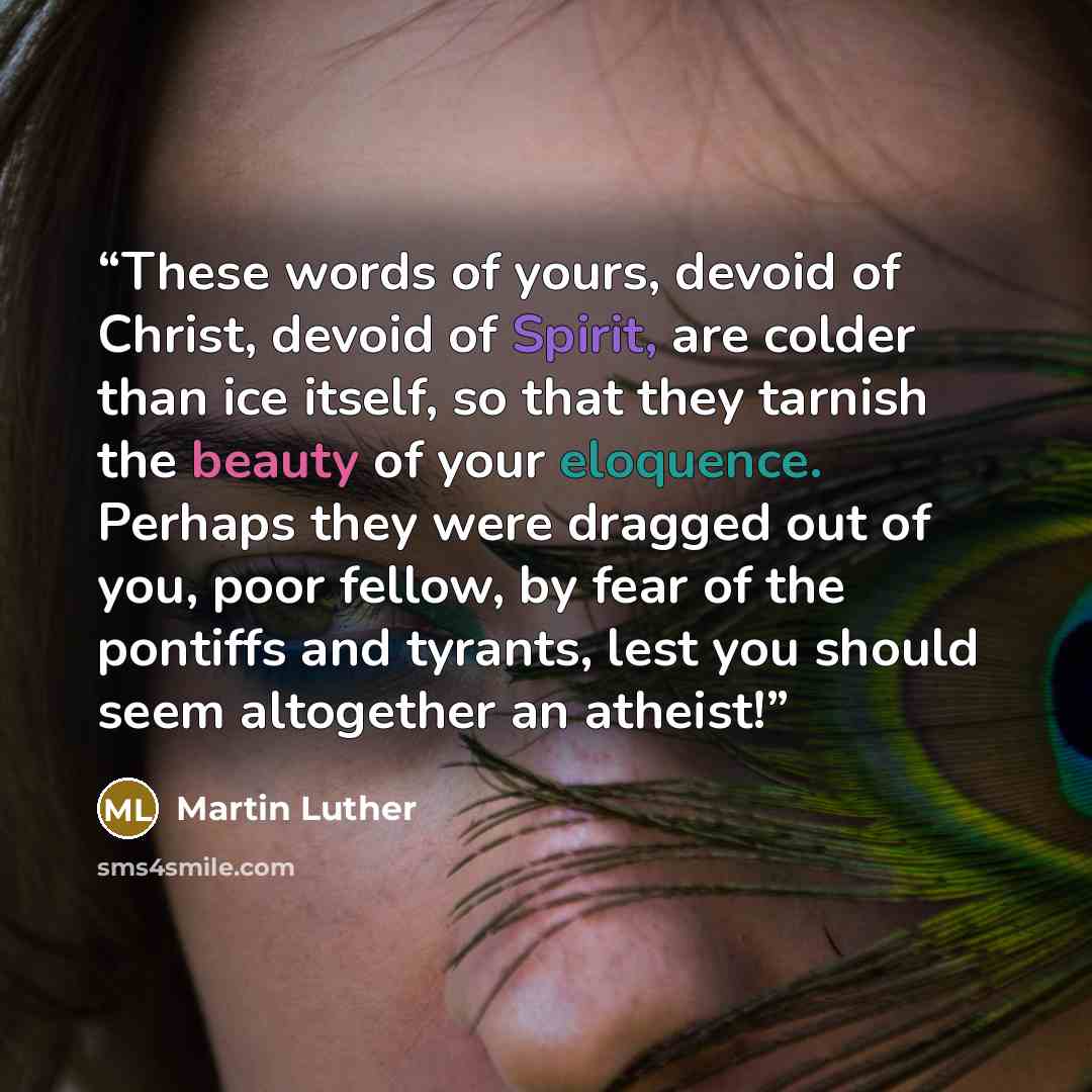 “These words of yours, devoid of Christ, devoid of Spirit, are colder than ice itself, so that they tarnish the beauty of your eloquence. Perhaps they were dragged out of you, poor fellow, by fear of the pontiffs and tyrants, lest you should seem altogether an atheist!” quote by Martin Luther