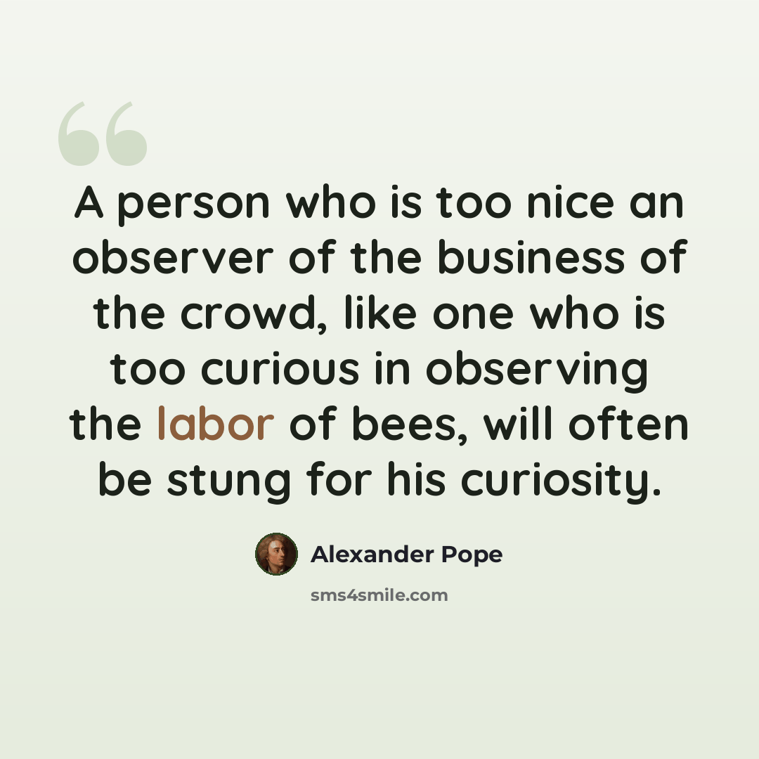 “A person who is too nice an observer of the business of the crowd, like one who is too curious in observing the labor of bees, will often be stung for his curiosity.” quote by Alexander Pope