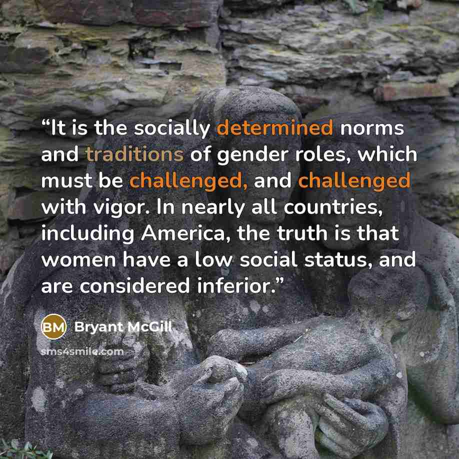 “It is the socially determined norms and traditions of gender roles, which must be challenged, and challenged with vigor. In nearly all countries, including America, the truth is that women have a low social status, and are considered inferior.” quote by Bryant McGill