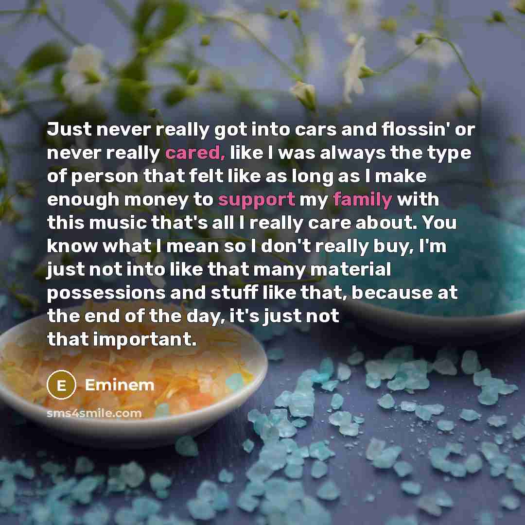 “Just never really got into cars and flossin' or never really cared, like I was always the type of person that felt like as long as I make enough money to support my family with this music that's all I really care about. You know what I mean so I don't really buy, I'm just not into like that many…” quote by Eminem