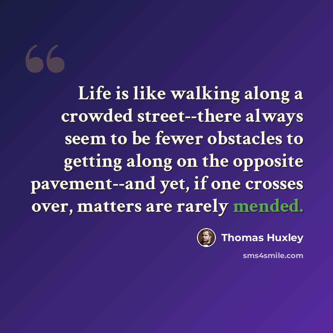 “Life is like walking along a crowded street--there always seem to be fewer obstacles to getting along on the opposite pavement--and yet, if one crosses over, matters are rarely mended.” quote by Thomas Huxley