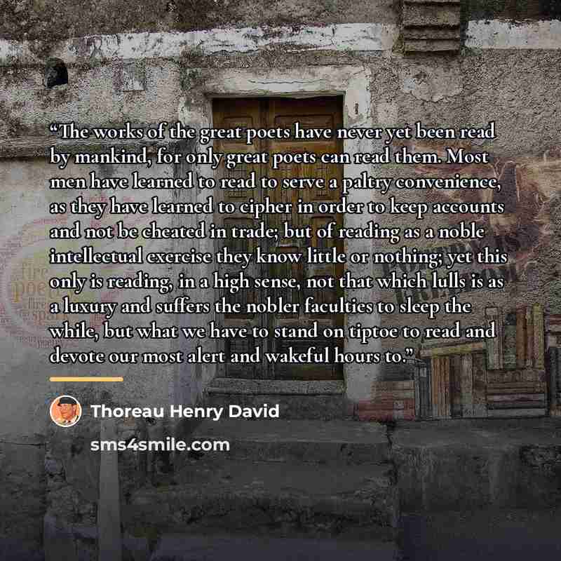 “The works of the great poets have never yet been read by mankind, for only great poets can read them. Most men have learned to read to serve a paltry convenience, as they have learned to cipher in order to keep accounts and not be cheated in trade; but of reading as a noble intellectual exercise…” quote by Thoreau Henry David