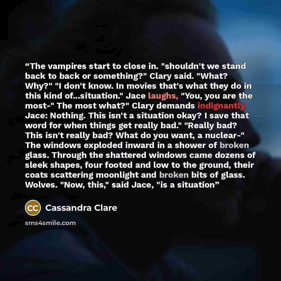 “The vampires start to close in. "shouldn't we stand back to back or something?" Clary said. "What? Why?" "I don't know. In movies that's what they do in this kind of...situation." Jace laughs, "You, you are the most-" The most what?" Clary demands indignantly. Jace: Nothing. This isn't a situation…” quote by Cassandra Clare